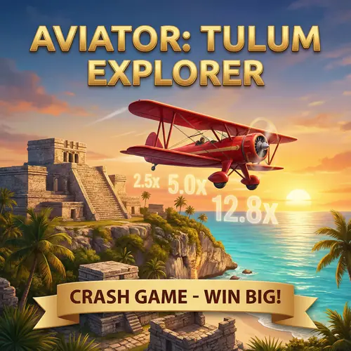 Juego Aviator con avión rojo volando sobre las ruinas de Tulum y el mar Caribe turquesa