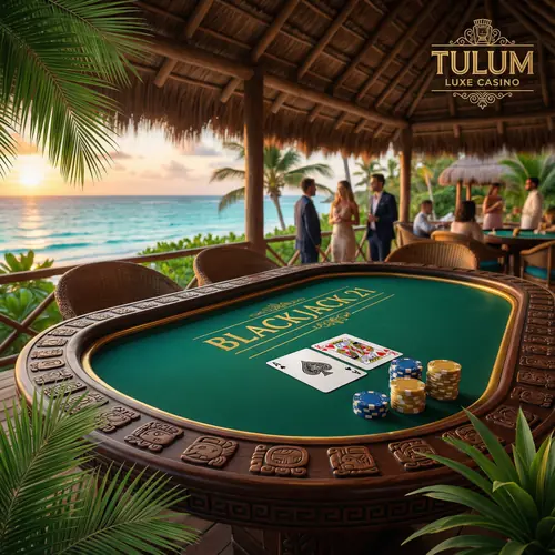 Mesa de blackjack elegante con decoración maya - Cartas mostrando 21 y fichas doradas