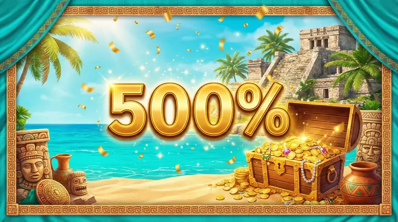 Bono de bienvenida del 500% en Casino Caliente Online con cofre del tesoro maya