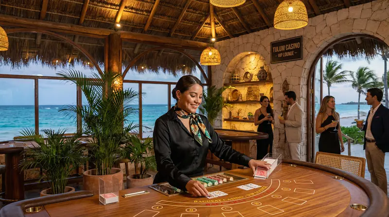 Crupier profesional en mesa de bacará con vista al mar Caribe en Tulum